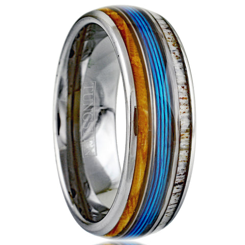 Stunning Mirror Polished Silver Tungsten Low Dome Ring with BLUE Real Fishing Line Between Whiskey Barrel Oak Wood and Deer Antler Inlays.