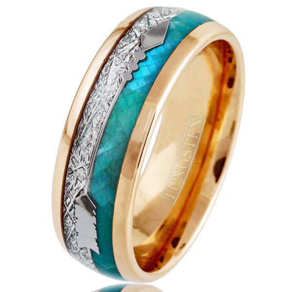 Sparkling Rose Gold Tungsten Low Dome Ring w/ Faux Teal Opal, Faux Meteorite, and Silver Feathered Arrow Inlays.