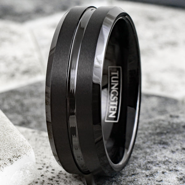 Classic Brushed Satin Finish Black Tungsten Ring with Polished Recessed Center Channel and Polished Beveled Edges. Couple Ring.