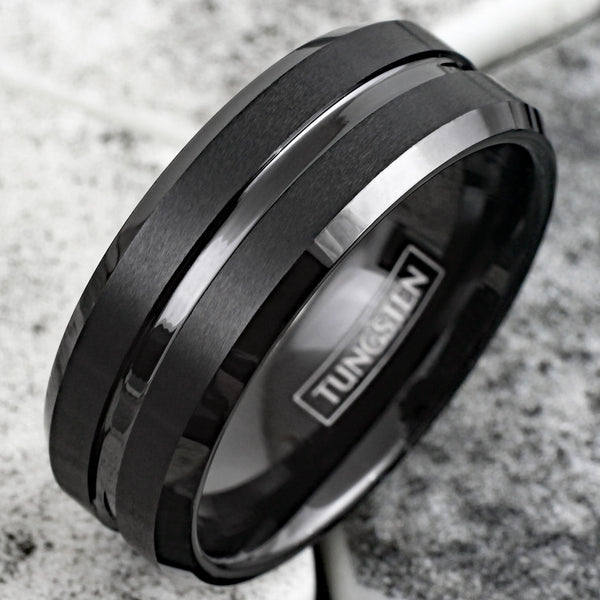 Classic Brushed Satin Finish Black Tungsten Ring with Polished Recessed Center Channel and Polished Beveled Edges. Couple Ring.