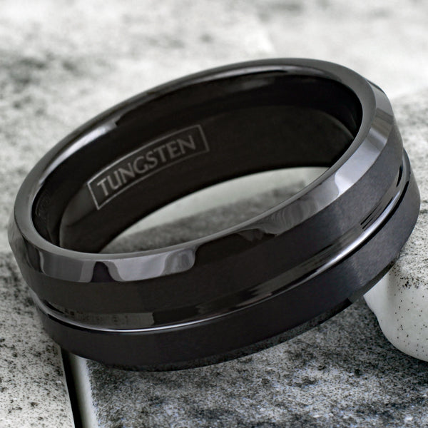 Classic Brushed Satin Finish Black Tungsten Ring with Polished Recessed Center Channel and Polished Beveled Edges. Couple Ring.