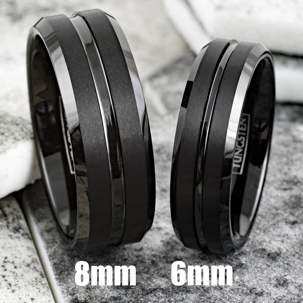 Classic Brushed Satin Finish Black Tungsten Ring with Polished Recessed Center Channel and Polished Beveled Edges. Couple Ring.