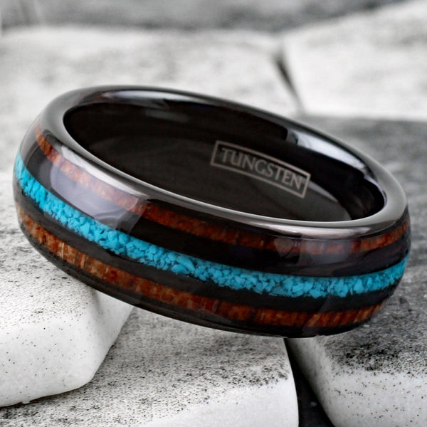 Splendid Polished Black Low Dome Tungsten Ring with Crushed Blue Turquoise Inlay Between Koa Wood Inlays.