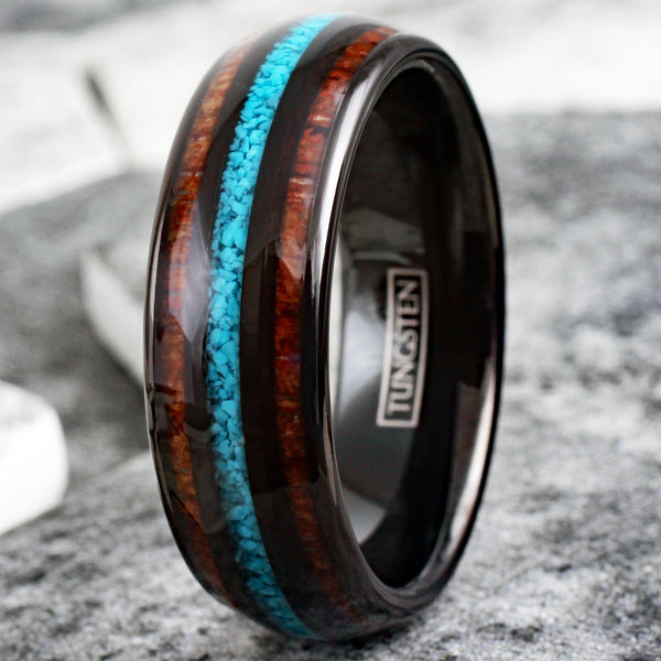 Splendid Polished Black Low Dome Tungsten Ring with Crushed Blue Turquoise Inlay Between Koa Wood Inlays.