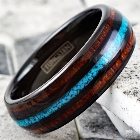 Splendid Polished Black Low Dome Tungsten Ring with Crushed Blue Turquoise Inlay Between Koa Wood Inlays.