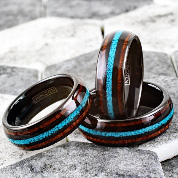 Splendid Polished Black Low Dome Tungsten Ring with Crushed Blue Turquoise Inlay Between Koa Wood Inlays.