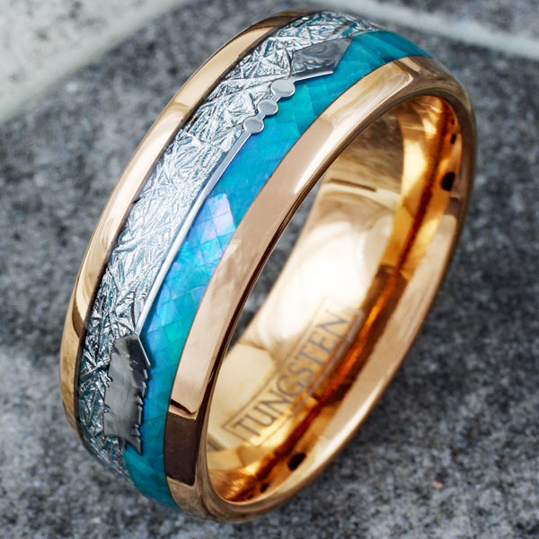Sparkling Rose Gold Tungsten Low Dome Ring w/ Faux Teal Opal, Faux Meteorite, and Silver Feathered Arrow Inlays.