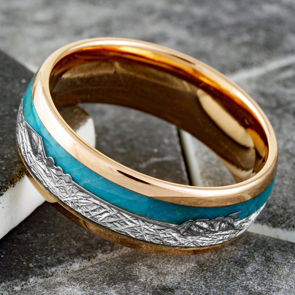Sparkling Rose Gold Tungsten Low Dome Ring w/ Faux Teal Opal, Faux Meteorite, and Silver Feathered Arrow Inlays.