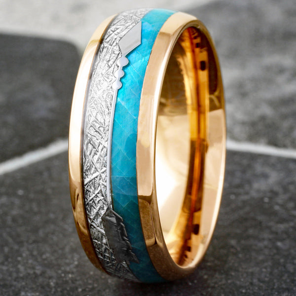 Sparkling Rose Gold Tungsten Low Dome Ring w/ Faux Teal Opal, Faux Meteorite, and Silver Feathered Arrow Inlays.