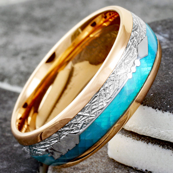 Sparkling Rose Gold Tungsten Low Dome Ring w/ Faux Teal Opal, Faux Meteorite, and Silver Feathered Arrow Inlays.