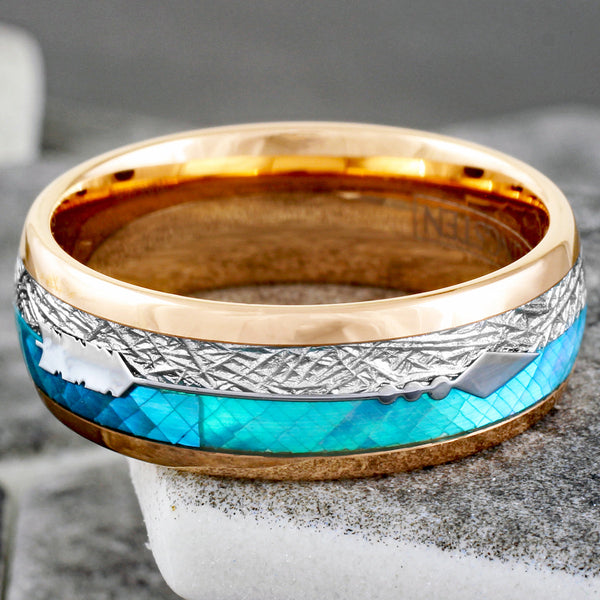Sparkling Rose Gold Tungsten Low Dome Ring w/ Faux Teal Opal, Faux Meteorite, and Silver Feathered Arrow Inlays.