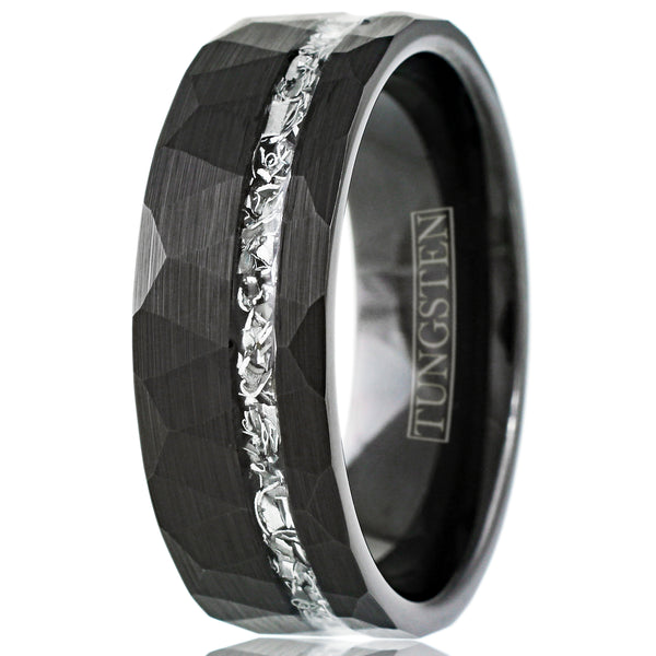 Stylish Multi-Faceted Brushed Finish Black Flat Band Tungsten Ring with Off-Center Asymmetrical Silver Faux Meteorite Inlay.