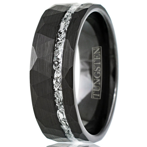 Stylish Multi-Faceted Brushed Finish Black Flat Band Tungsten Ring with Off-Center Asymmetrical Silver Faux Meteorite Inlay.
