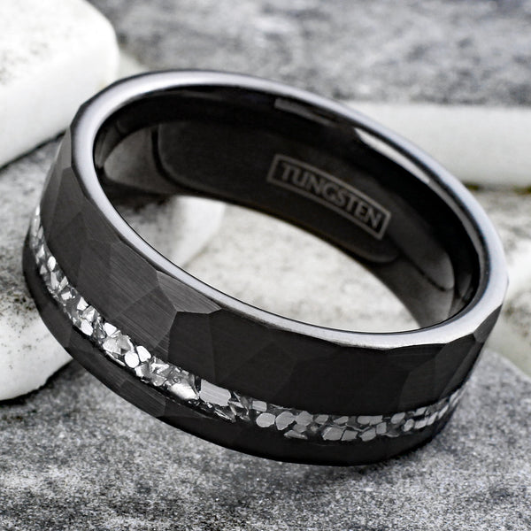 Stylish Multi-Faceted Brushed Finish Black Flat Band Tungsten Ring with Off-Center Asymmetrical Silver Faux Meteorite Inlay.