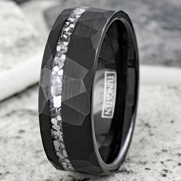 Stylish Multi-Faceted Brushed Finish Black Flat Band Tungsten Ring with Off-Center Asymmetrical Silver Faux Meteorite Inlay.