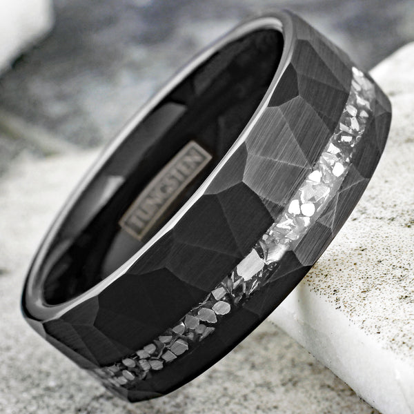 Stylish Multi-Faceted Brushed Finish Black Flat Band Tungsten Ring with Off-Center Asymmetrical Silver Faux Meteorite Inlay.