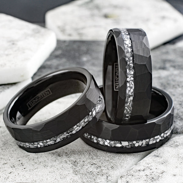 Stylish Multi-Faceted Brushed Finish Black Flat Band Tungsten Ring with Off-Center Asymmetrical Silver Faux Meteorite Inlay.