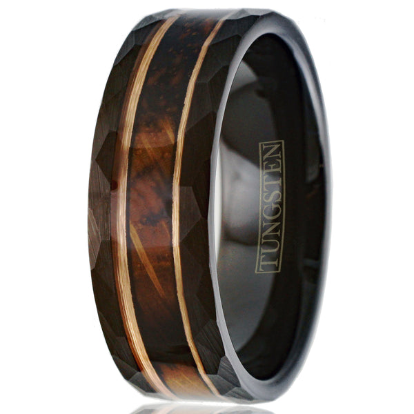 Stunning Faceted Brushed Finish Black Tungsten Flat Band Ring with Charred Whiskey Barrel Oak Wood Inlay between Rose Gold Stripes.