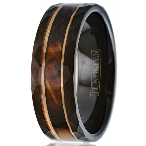 Stunning Faceted Brushed Finish Black Tungsten Flat Band Ring with Charred Whiskey Barrel Oak Wood Inlay between Rose Gold Stripes.