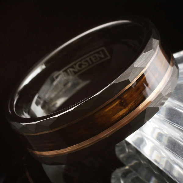 Stunning Faceted Brushed Finish Black Tungsten Flat Band Ring with Charred Whiskey Barrel Oak Wood Inlay between Rose Gold Stripes.