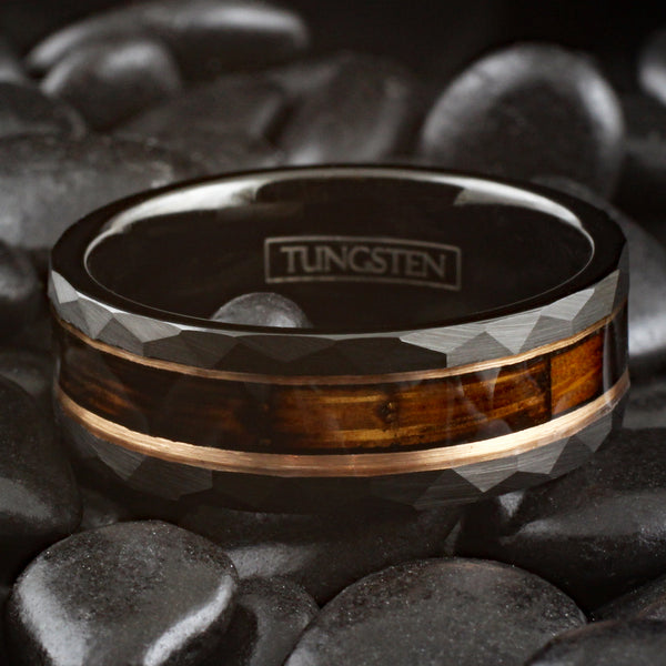 Stunning Faceted Brushed Finish Black Tungsten Flat Band Ring with Charred Whiskey Barrel Oak Wood Inlay between Rose Gold Stripes.