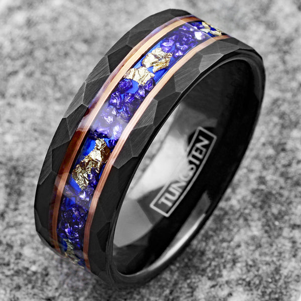 Spectacular Faceted Brushed Finish Black Tungsten Flat Band Ring with Gold Leaf and Crushed Faux Blue Sapphire Inlay between Rose Gold Stripes.