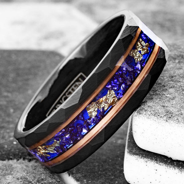 Spectacular Faceted Brushed Finish Black Tungsten Flat Band Ring with Gold Leaf and Crushed Faux Blue Sapphire Inlay between Rose Gold Stripes.