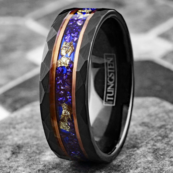 Spectacular Faceted Brushed Finish Black Tungsten Flat Band Ring with Gold Leaf and Crushed Faux Blue Sapphire Inlay between Rose Gold Stripes.