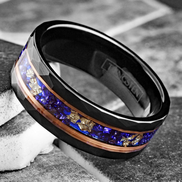 Spectacular Faceted Brushed Finish Black Tungsten Flat Band Ring with Gold Leaf and Crushed Faux Blue Sapphire Inlay between Rose Gold Stripes.
