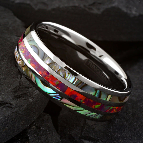 Dazzling Mirror Polished Silver Tungsten Low Dome Band Ring w/ Sparkling Man-Made Pink/Red Fire Opal Between 2 Abalone Inlays.