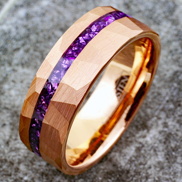 Brilliant Multi-Faceted Brushed Finish Rose Gold Flat Band Tungsten Ring with Off-Center Asymmetrical Crushed Amethyst Inlay.