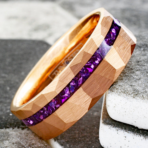 Brilliant Multi-Faceted Brushed Finish Rose Gold Flat Band Tungsten Ring with Off-Center Asymmetrical Crushed Amethyst Inlay.