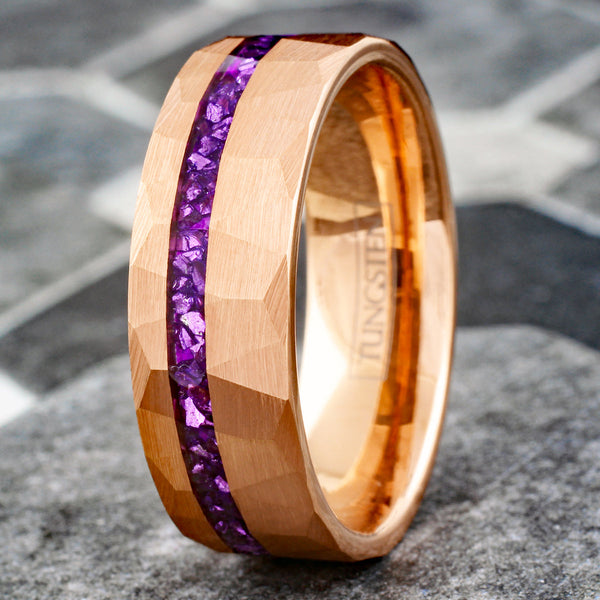 Brilliant Multi-Faceted Brushed Finish Rose Gold Flat Band Tungsten Ring with Off-Center Asymmetrical Crushed Amethyst Inlay.
