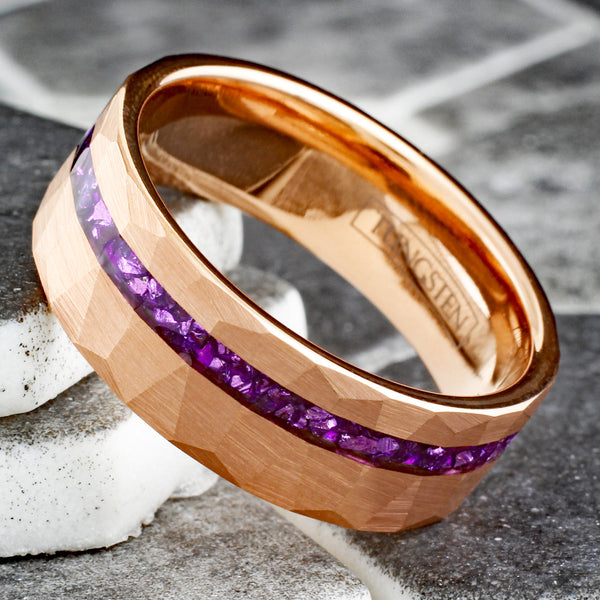Brilliant Multi-Faceted Brushed Finish Rose Gold Flat Band Tungsten Ring with Off-Center Asymmetrical Crushed Amethyst Inlay.