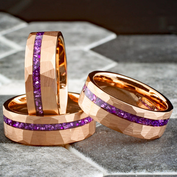 Brilliant Multi-Faceted Brushed Finish Rose Gold Flat Band Tungsten Ring with Off-Center Asymmetrical Crushed Amethyst Inlay.