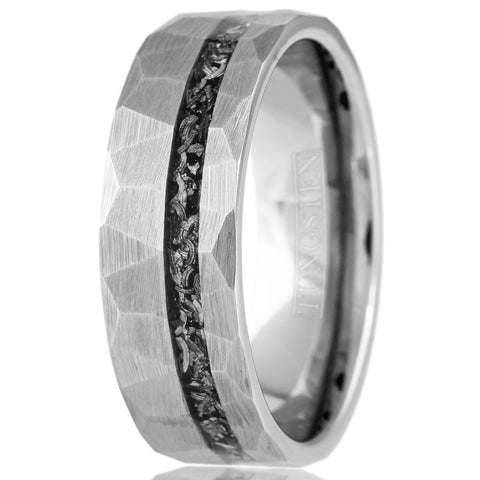 Ultra-Modern Multi-Faceted Brushed Finish Silver Flat Band Tungsten Ring with Off-Center Asymmetrical Black Faux Meteorite Inlay.