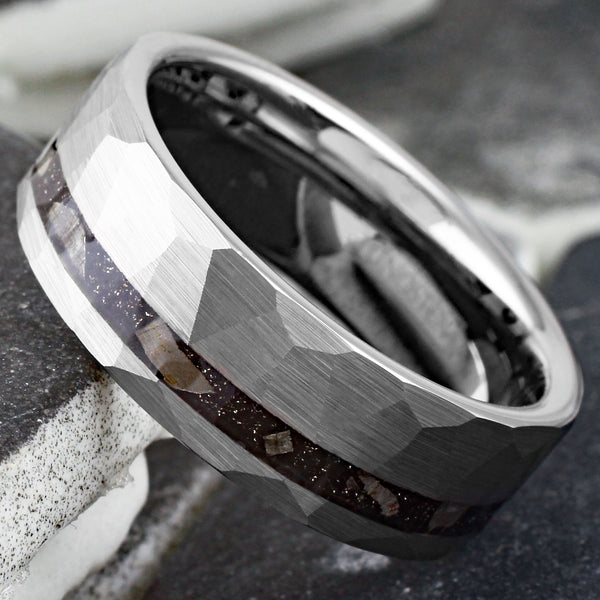 Ultra-Modern Multi-Faceted Brushed Finish Silver Flat Band Tungsten Ring with Off-Center Asymmetrical Black Faux Meteorite Inlay.