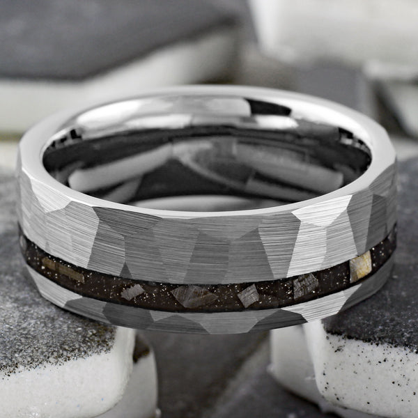 Ultra-Modern Multi-Faceted Brushed Finish Silver Flat Band Tungsten Ring with Off-Center Asymmetrical Black Faux Meteorite Inlay.