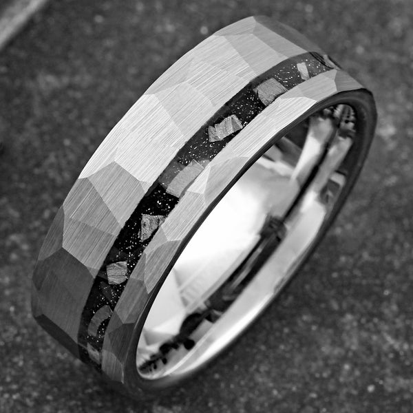 Ultra-Modern Multi-Faceted Brushed Finish Silver Flat Band Tungsten Ring with Off-Center Asymmetrical Black Faux Meteorite Inlay.