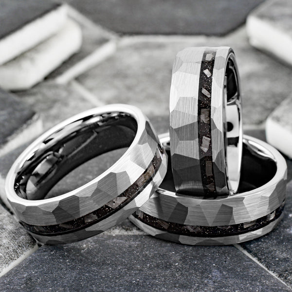 Ultra-Modern Multi-Faceted Brushed Finish Silver Flat Band Tungsten Ring with Off-Center Asymmetrical Black Faux Meteorite Inlay.