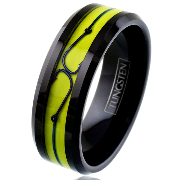 Brilliant Unique Polished Black Flat Band Tungsten Ring with Fishing Line And Hook on Dazzling Yellow Enamel Inlay.