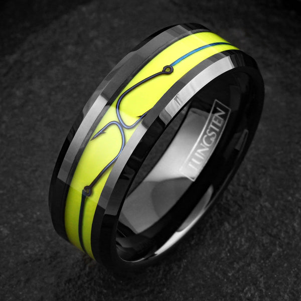 Brilliant Unique Polished Black Flat Band Tungsten Ring with Fishing Line And Hook on Dazzling Yellow Enamel Inlay.