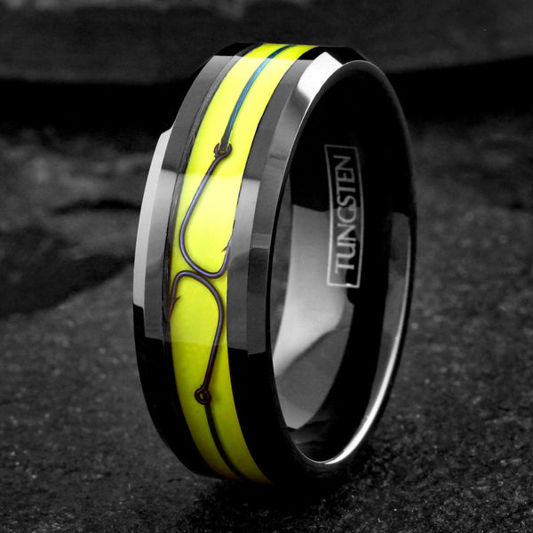 Brilliant Unique Polished Black Flat Band Tungsten Ring with Fishing Line And Hook on Dazzling Yellow Enamel Inlay.