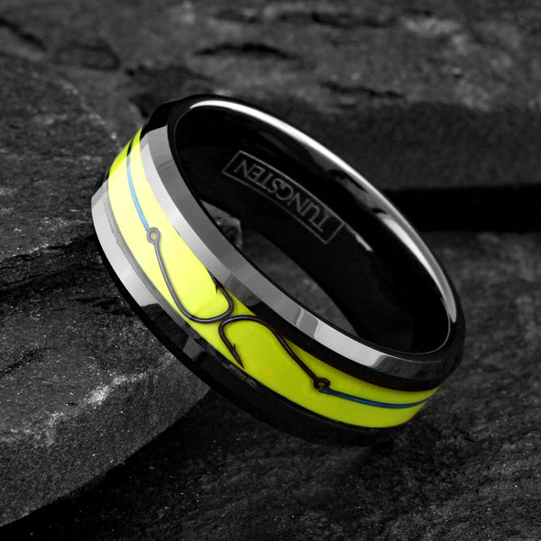 Brilliant Unique Polished Black Flat Band Tungsten Ring with Fishing Line And Hook on Dazzling Yellow Enamel Inlay.