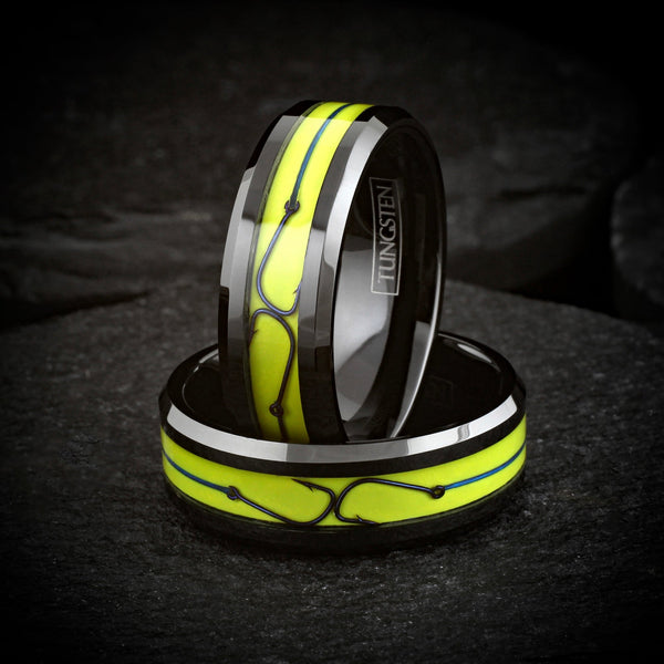 Brilliant Unique Polished Black Flat Band Tungsten Ring with Fishing Line And Hook on Dazzling Yellow Enamel Inlay.