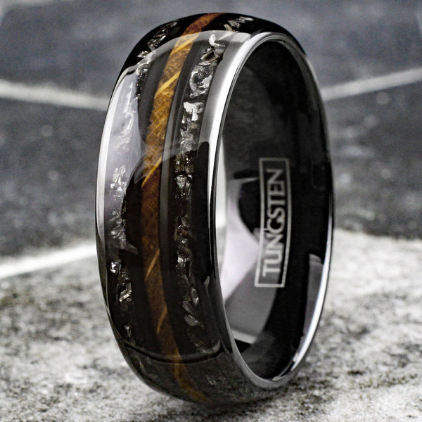 Awesome Polished Black Low Dome Tungsten Ring with Whiskey Barrel Oak Wood Between Black Faux Meteorite Inlays.