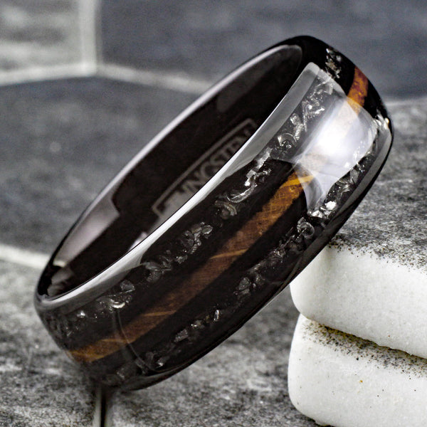 Awesome Polished Black Low Dome Tungsten Ring with Whiskey Barrel Oak Wood Between Black Faux Meteorite Inlays.
