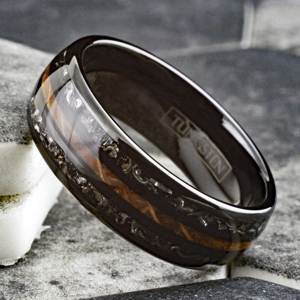 Awesome Polished Black Low Dome Tungsten Ring with Whiskey Barrel Oak Wood Between Black Faux Meteorite Inlays.