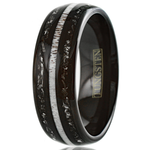 Cool Polished Black Low Dome Tungsten Ring with White Speckled Deer Antler Between Black Faux Meteorite Inlays.