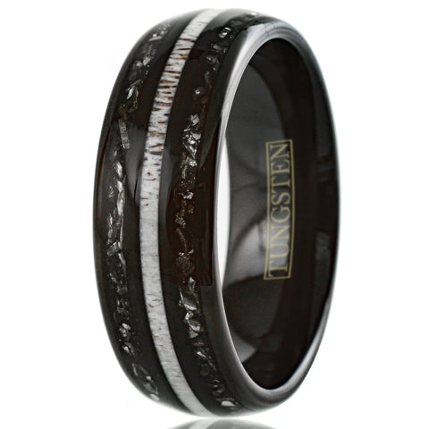 Cool Polished Black Low Dome Tungsten Ring with White Speckled Deer Antler Between Black Faux Meteorite Inlays.